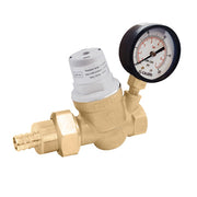 Brass pressure reducing valve with attached pressure gauge and white cap, featuring PEX and threaded connections.