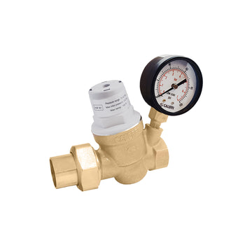 Brass pressure regulator valve with white adjustment cap and round dial gauge showing pressure reading.
