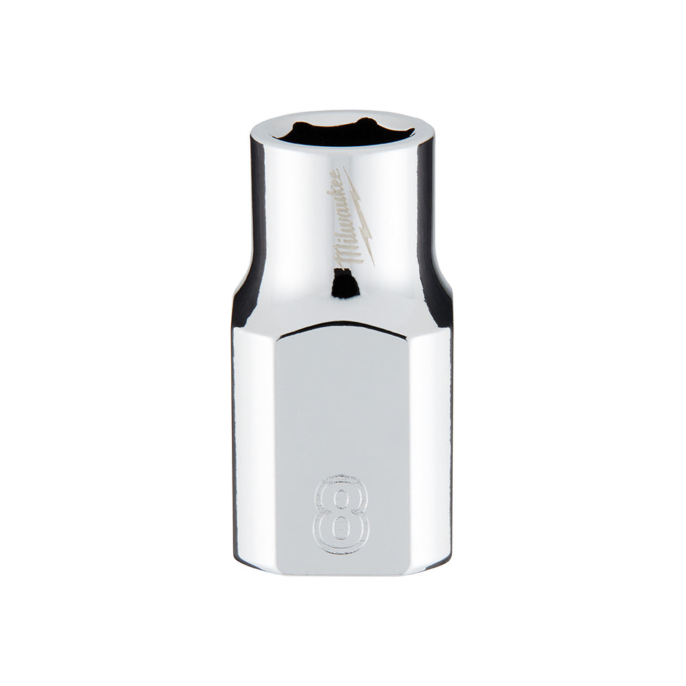 Chrome 8mm metric socket with 6-point opening and 3/8 inch drive, black grip bands on sides.