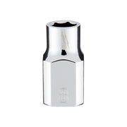 Chrome 8mm metric socket with 6-point opening and 3/8 inch drive, black grip bands on sides.