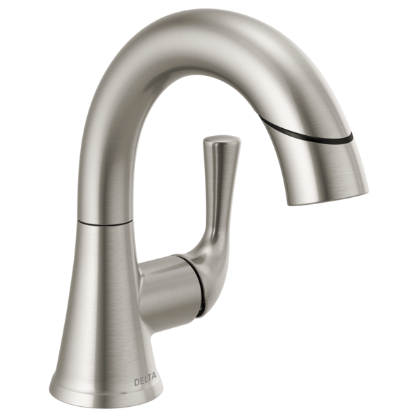 Brushed nickel single-handle bathroom faucet with curved spout and pull-down spray head.