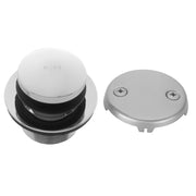 Matte black toe control tub drain strainer with white push cap and two-hole faceplate shown from top and side views.