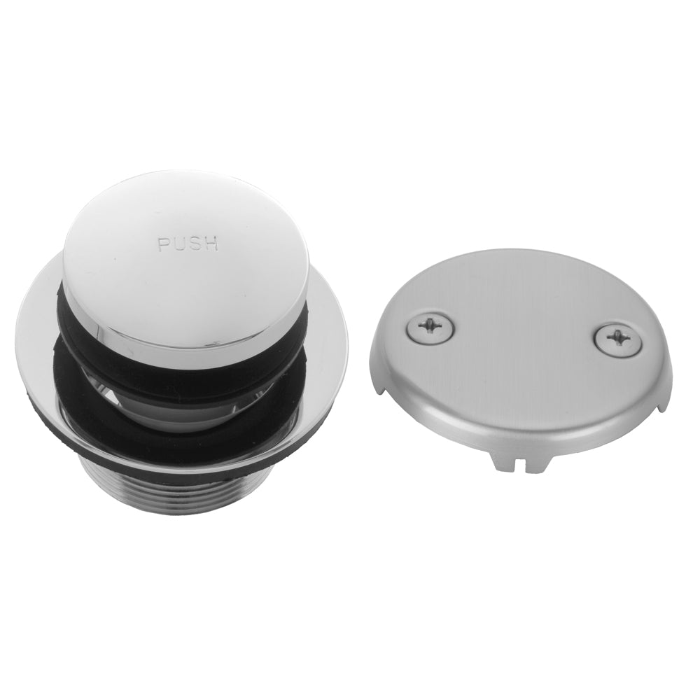 Matte black toe control tub drain strainer with white push cap and two-hole faceplate shown from top and side views.