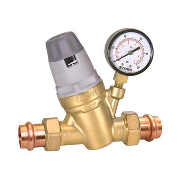 Brass AutoFill valve with gray plastic top cap and attached pressure gauge with red needle on white dial.