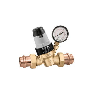 Brass pressure relief valve with black and white regulator body, integrated pressure gauge, and copper press-fit connections.