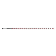 Long spiral auger bit with red and gray flutes, pointed tip, and hex shank end.