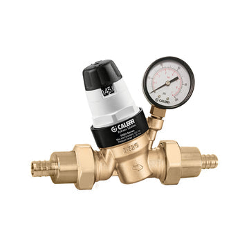 Brass pressure relief valve with black and white regulator body and attached round pressure gauge dial.