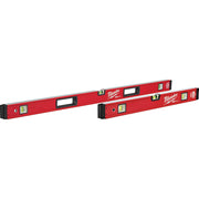 Two red Milwaukee REDSTICK box levels with yellow spirit vials and black end caps, one 48-inch and one 24-inch.