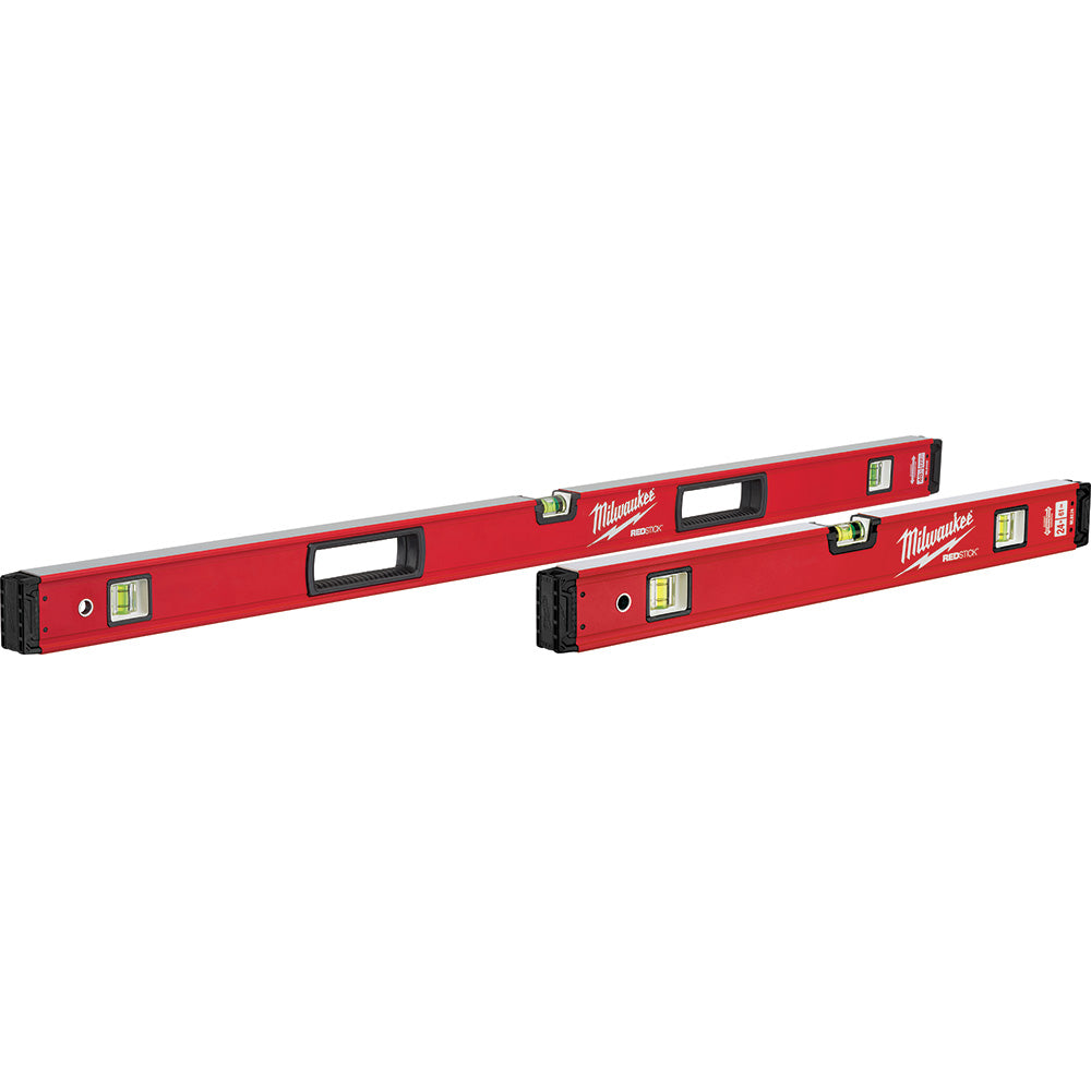 Two red Milwaukee REDSTICK box levels with yellow spirit vials and black end caps, one 48-inch and one 24-inch.