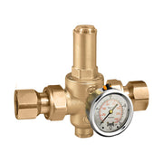 Brass pressure reducing valve with 1-1/2 inch NPT connections and attached pressure gauge.