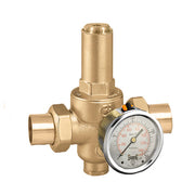 Brass pressure relief valve with attached pressure gauge and dual union sweat connections, 3/4 inch.