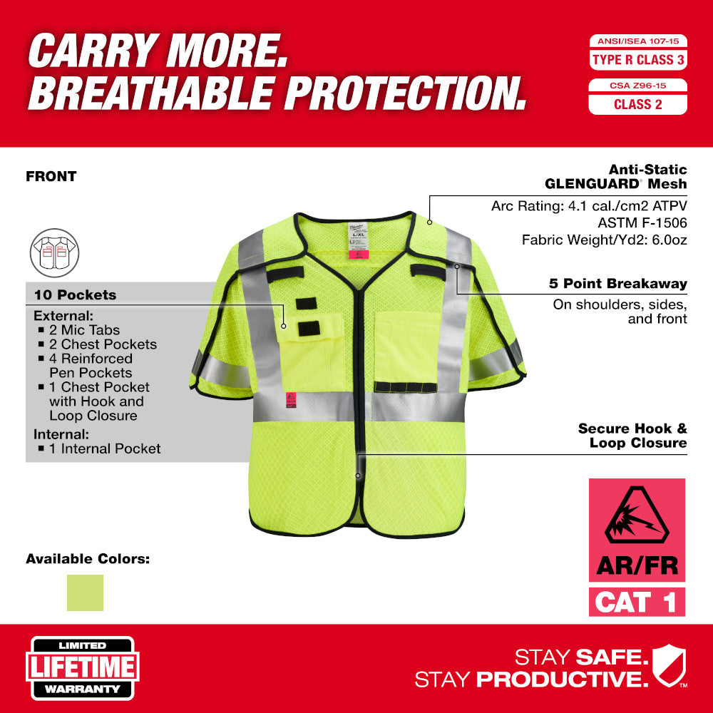 High-visibility yellow mesh safety vest with reflective strips, black trim, and multiple pockets across front and chest.