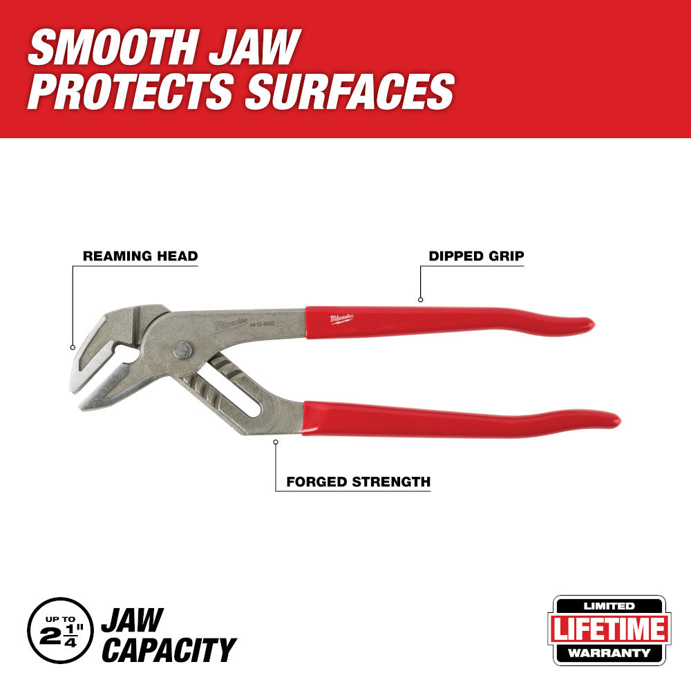 Milwaukee 12-inch smooth jaw plier wrench with red dipped grip handles and labeled reaming head and forged strength features.