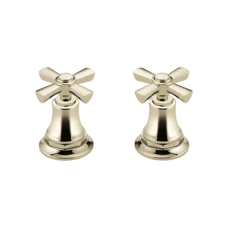 Pair of polished nickel faucet handles with cross-shaped grips and bell-shaped bases.