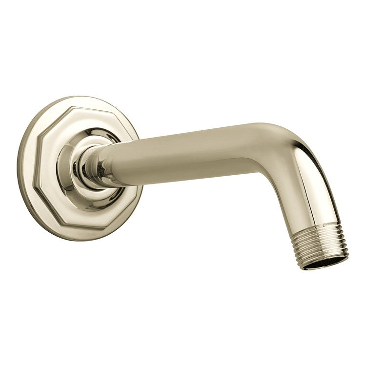 Polished nickel shower arm with octagonal flange and threaded outlet connection.