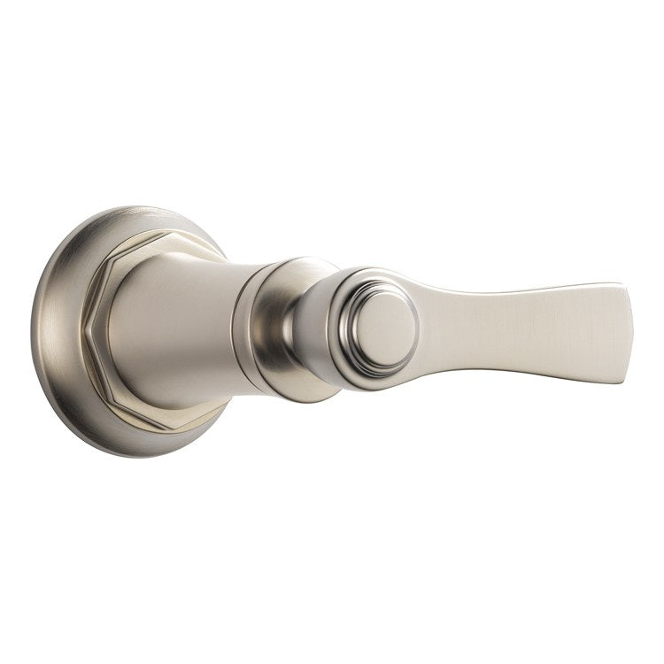 Brushed nickel lever-handle volume control trim with circular escutcheon plate and cylindrical body.