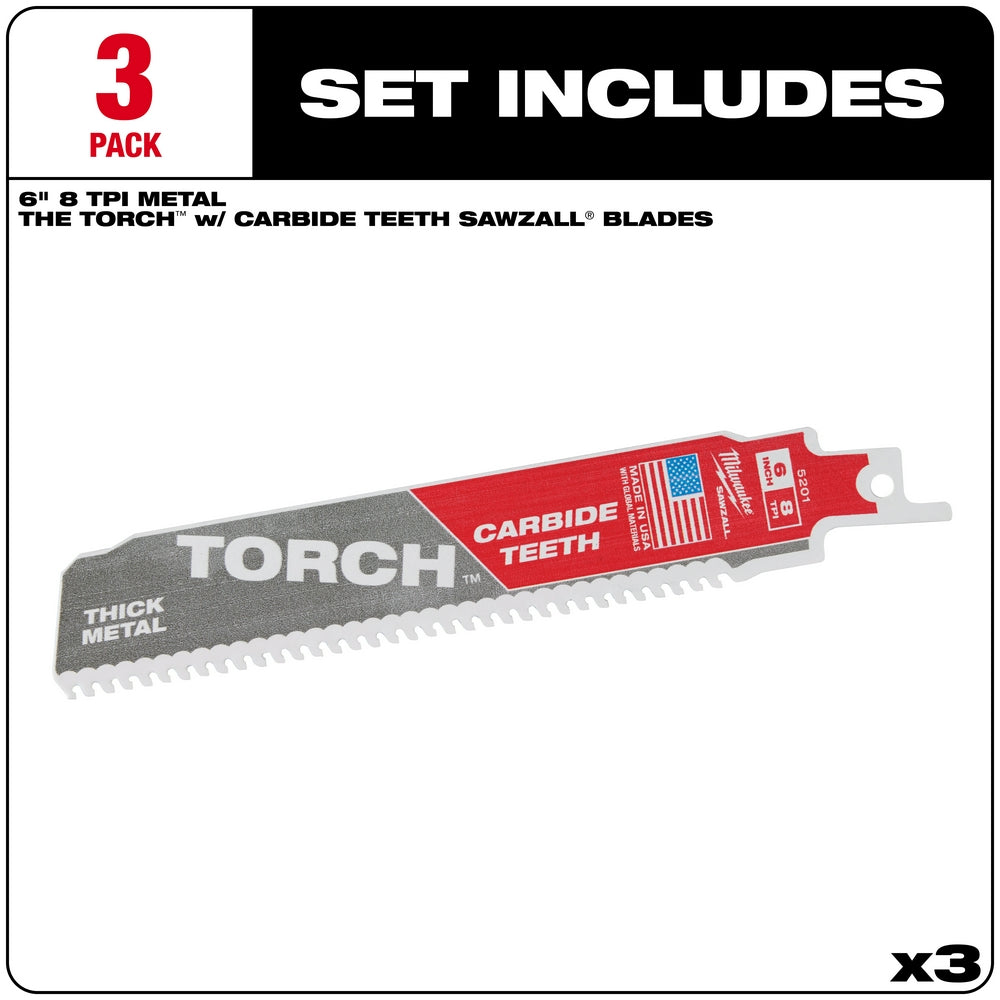 Three 6-inch reciprocating saw blades with carbide teeth, 8 TPI, labeled "TORCH" for metal cutting.