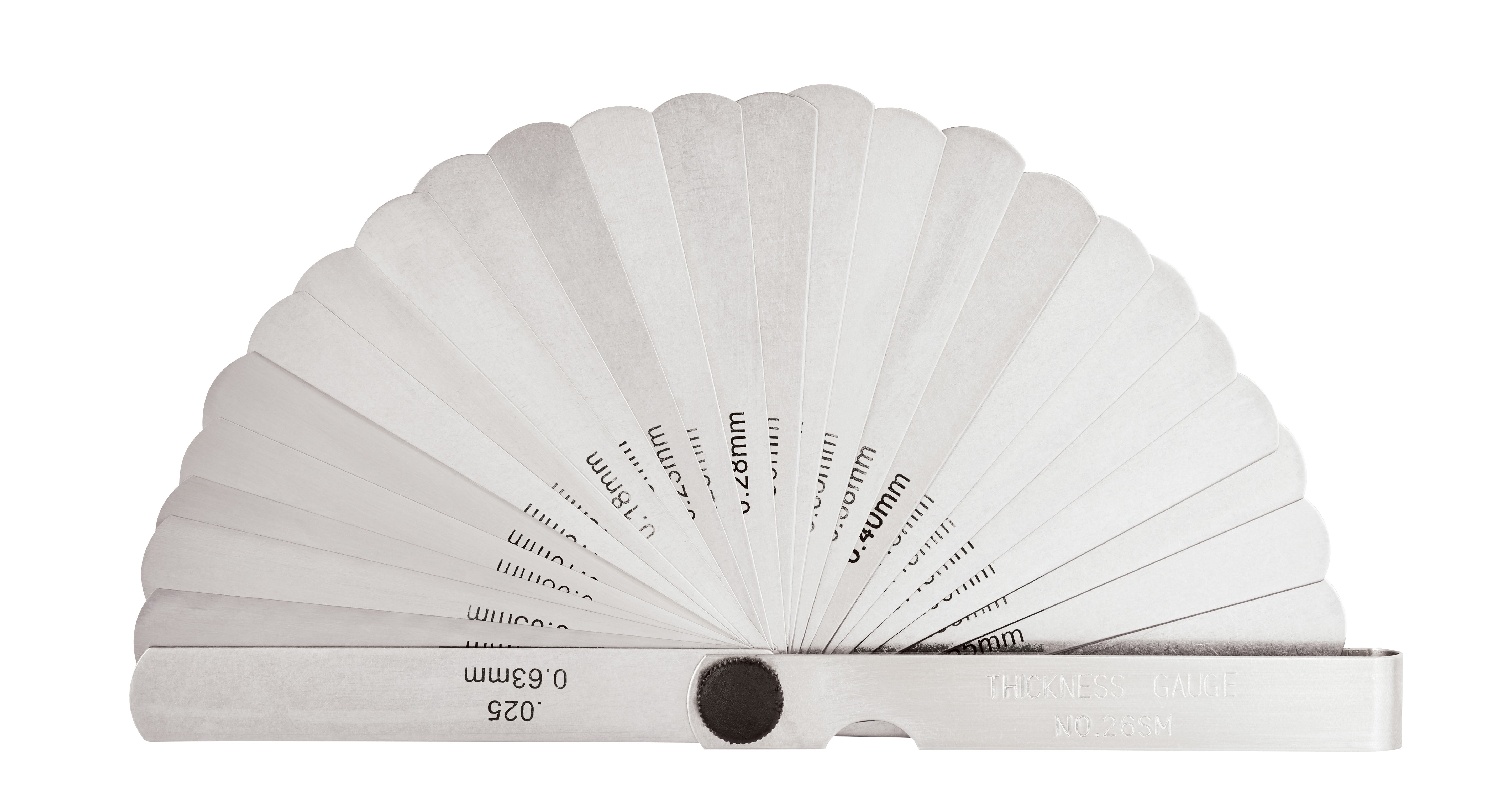 Metal feeler gauge with 26 thin blades fanned open, marked with metric measurements, pivoting on central screw.