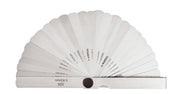 Metal leaf feather gauge with 26 blades fanned open, each blade marked with measurement increments.