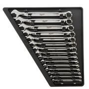 Fifteen metric combination wrenches arranged in a black organizer tray, ranging from 8mm to 22mm with open and ring ends.