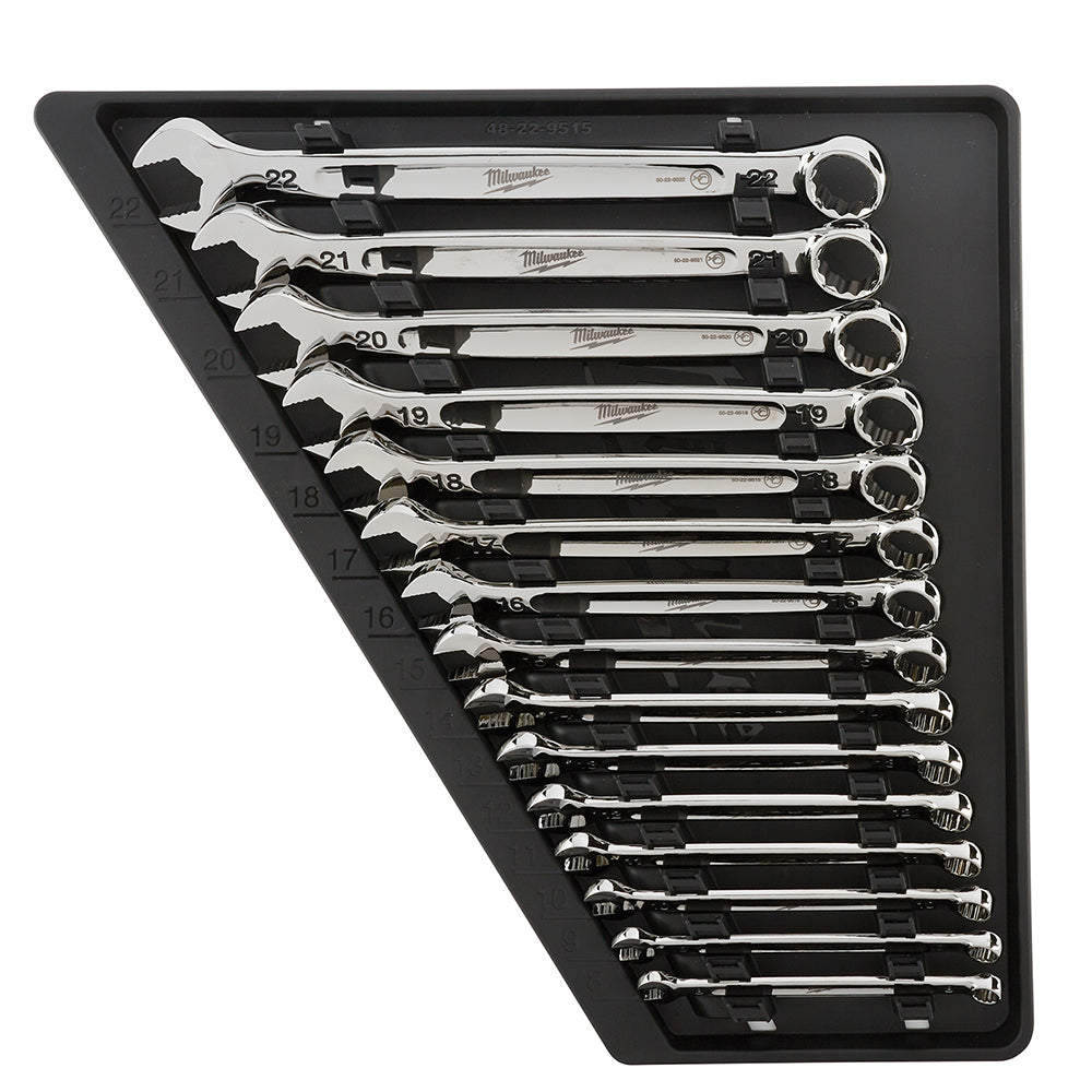 Fifteen metric combination wrenches arranged in a black organizer tray, ranging from 8mm to 22mm with open and ring ends.