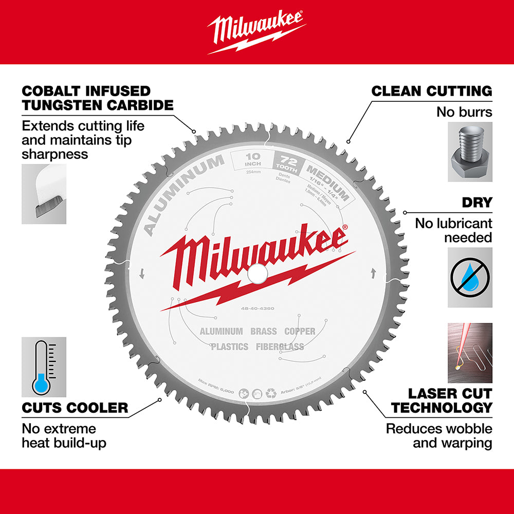 Milwaukee 10 inch aluminum cutting circular saw blade with cobalt infused tungsten carbide teeth and laser cut technology.