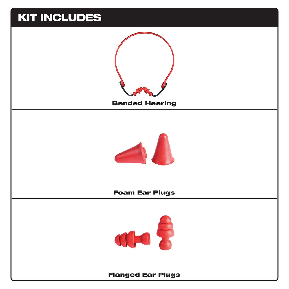 Red banded ear plugs with foam and flanged plug inserts included.