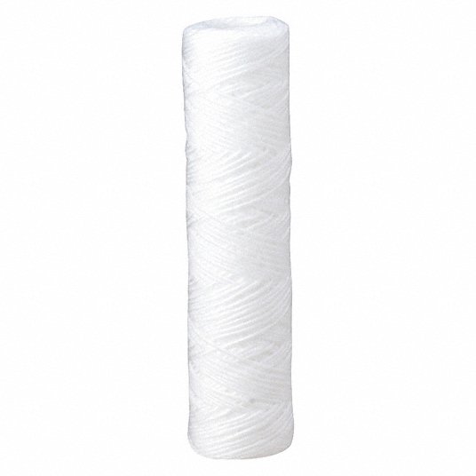 White cylindrical polypropylene string wound sediment filter cartridge with 4.5 inch diameter and 10 inch height.