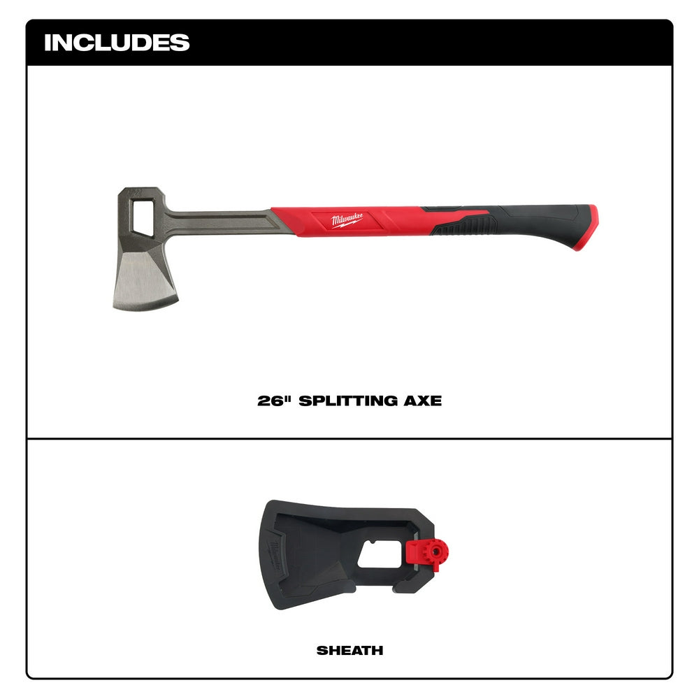 Milwaukee splitting axe with red and black handle, gray metal head, and black protective sheath included.