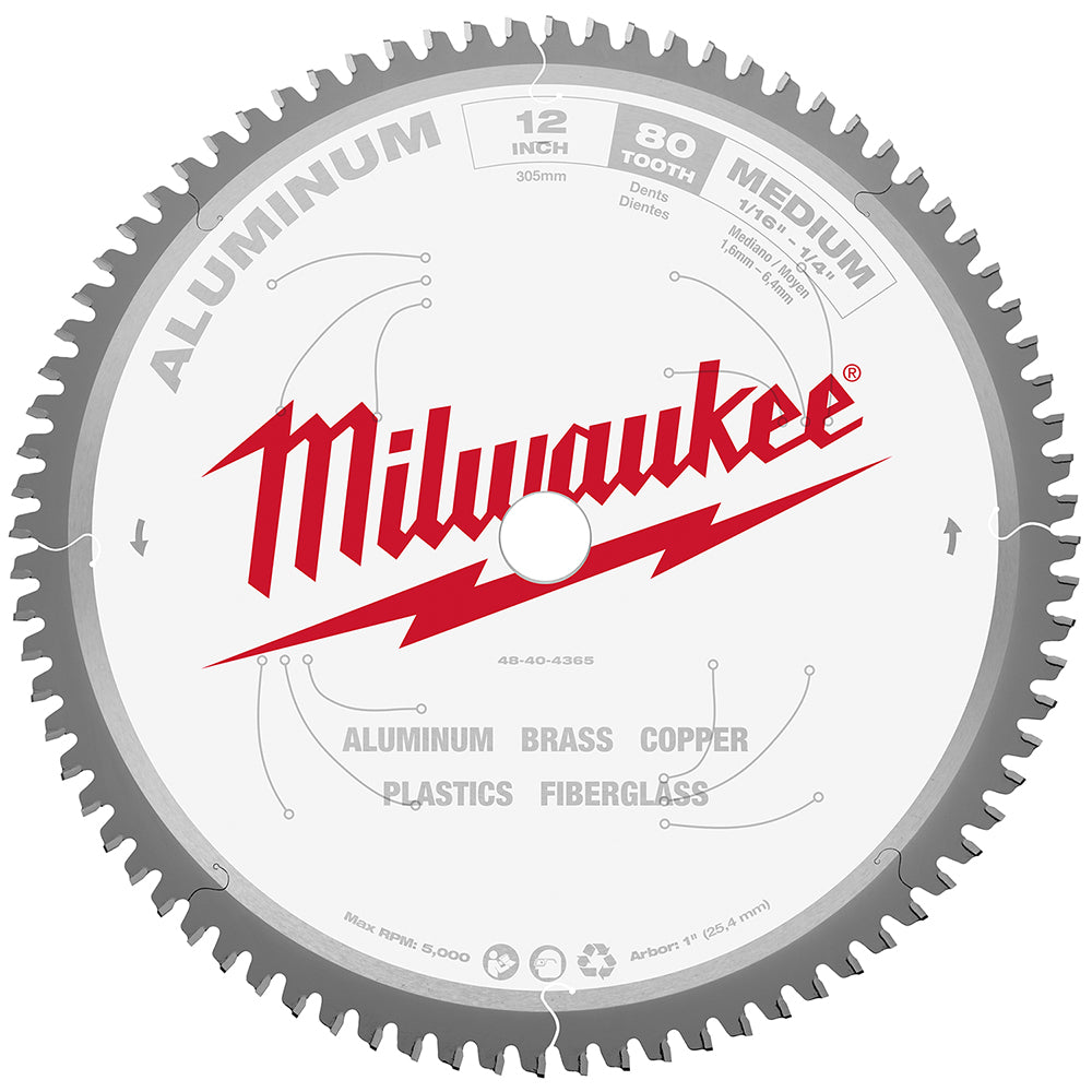 Milwaukee 12-inch aluminum cutting circular saw blade with 80 teeth, gray and white finish with red branding.