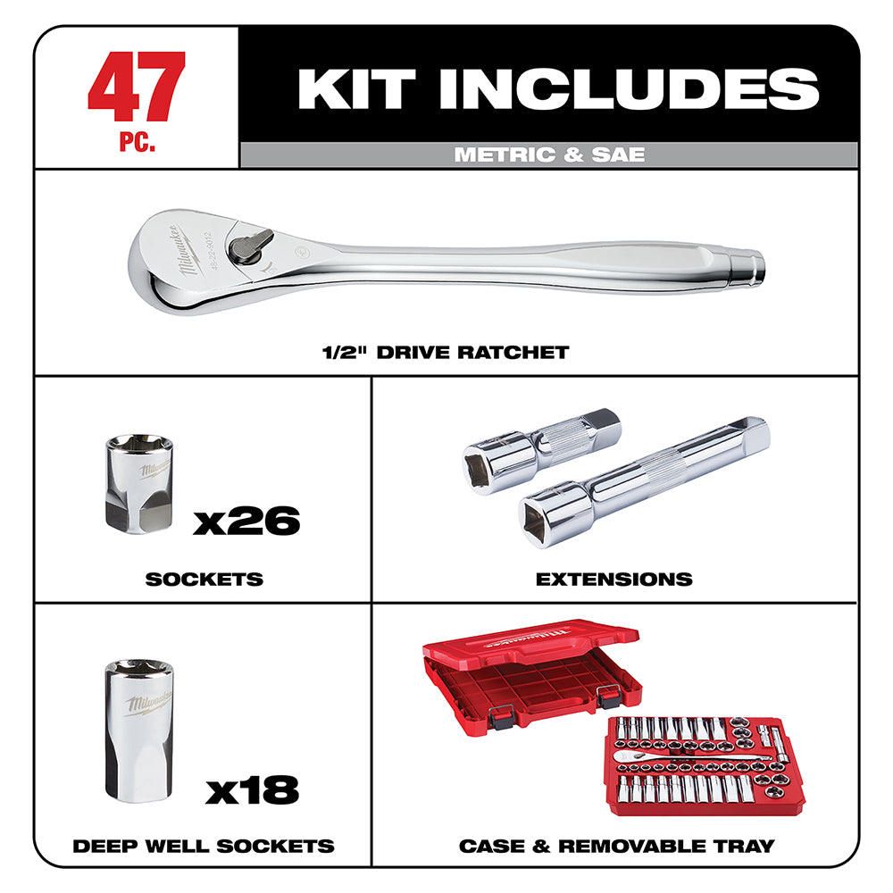 Milwaukee 1/2 inch socket wrench set containing ratchet, 26 sockets, 18 deep well sockets, extensions, and red carrying case.