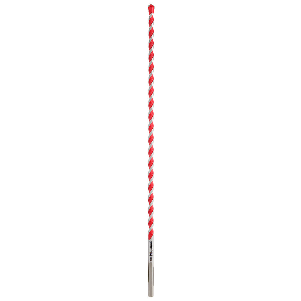 Red and white spiral carbide hammer drill bit with gray metal shank and tip on white background.