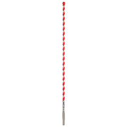 Red and white spiral carbide hammer drill bit with gray metal shank and tip on white background.