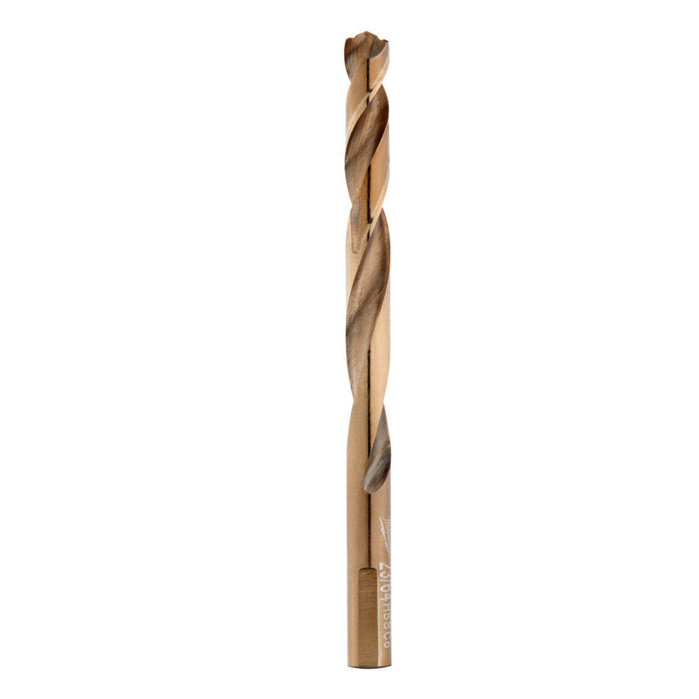 Milwaukee RED HELIX cobalt drill bit with gold-colored twisted flutes and cylindrical shank on white background.