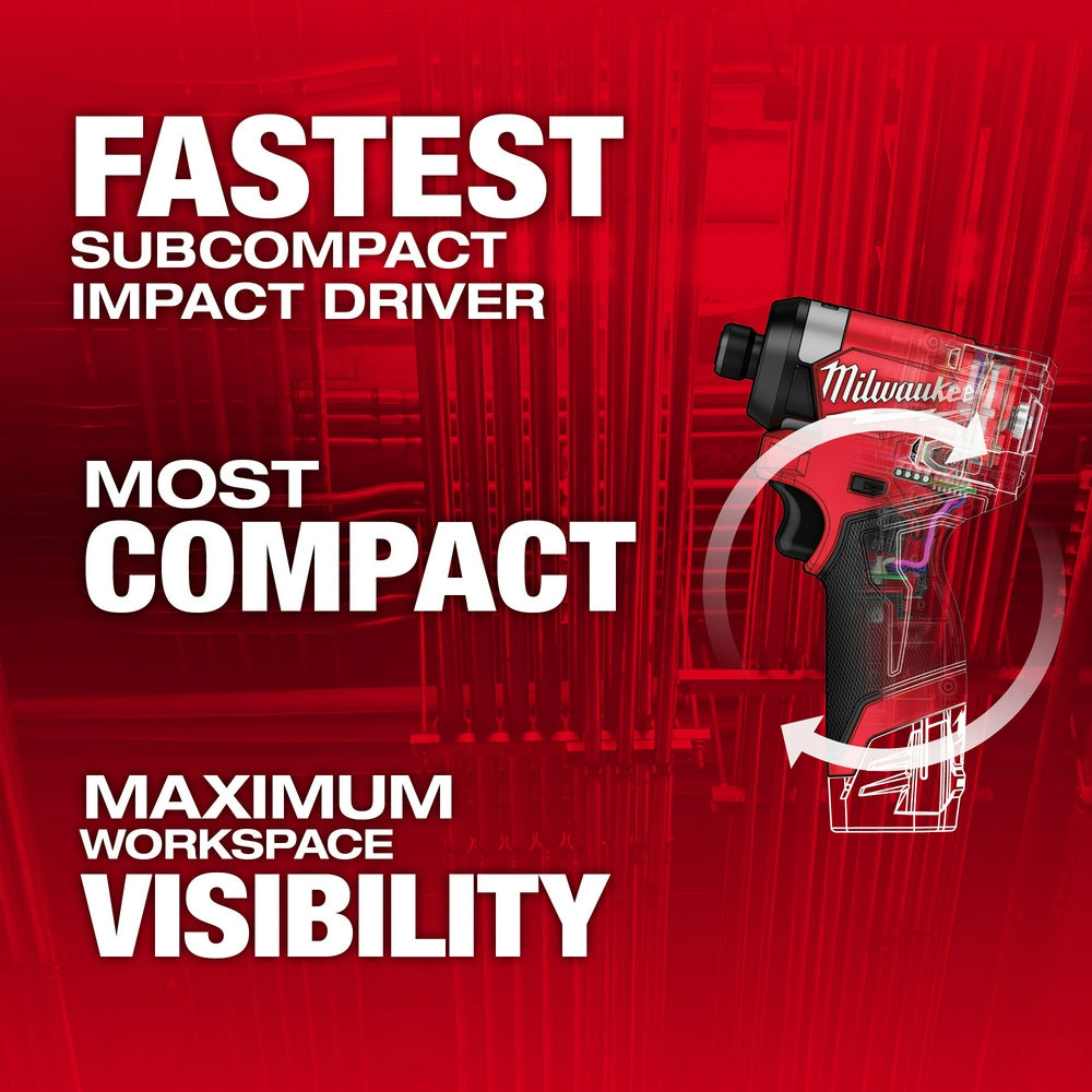 Milwaukee M12 FUEL compact impact driver with black grip and clear housing showing internal components against red background