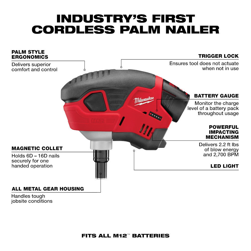 Milwaukee M12 cordless palm nailer with red and black housing, magnetic collet, battery gauge, trigger lock, and LED light.