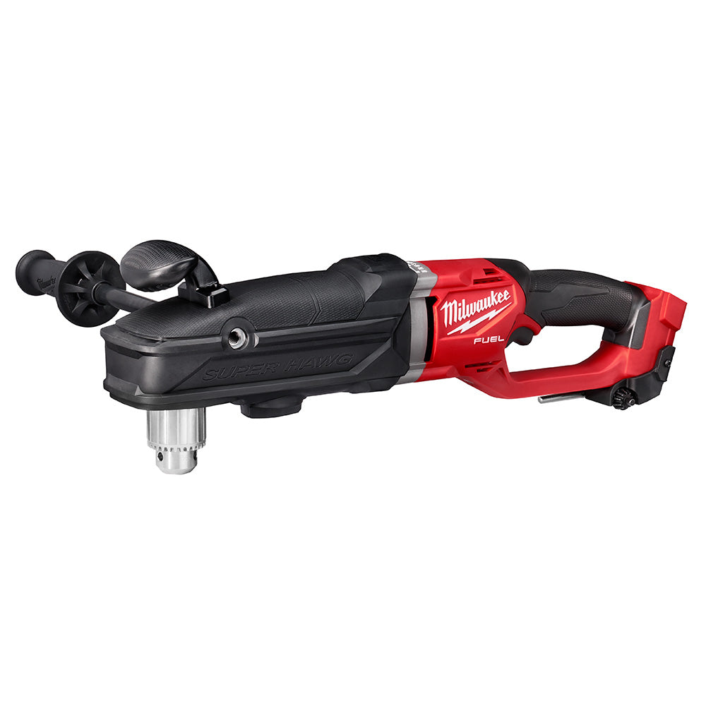 Milwaukee M18 FUEL right angle drill with red and black body, side handle, and chuck positioned perpendicular to motor housin