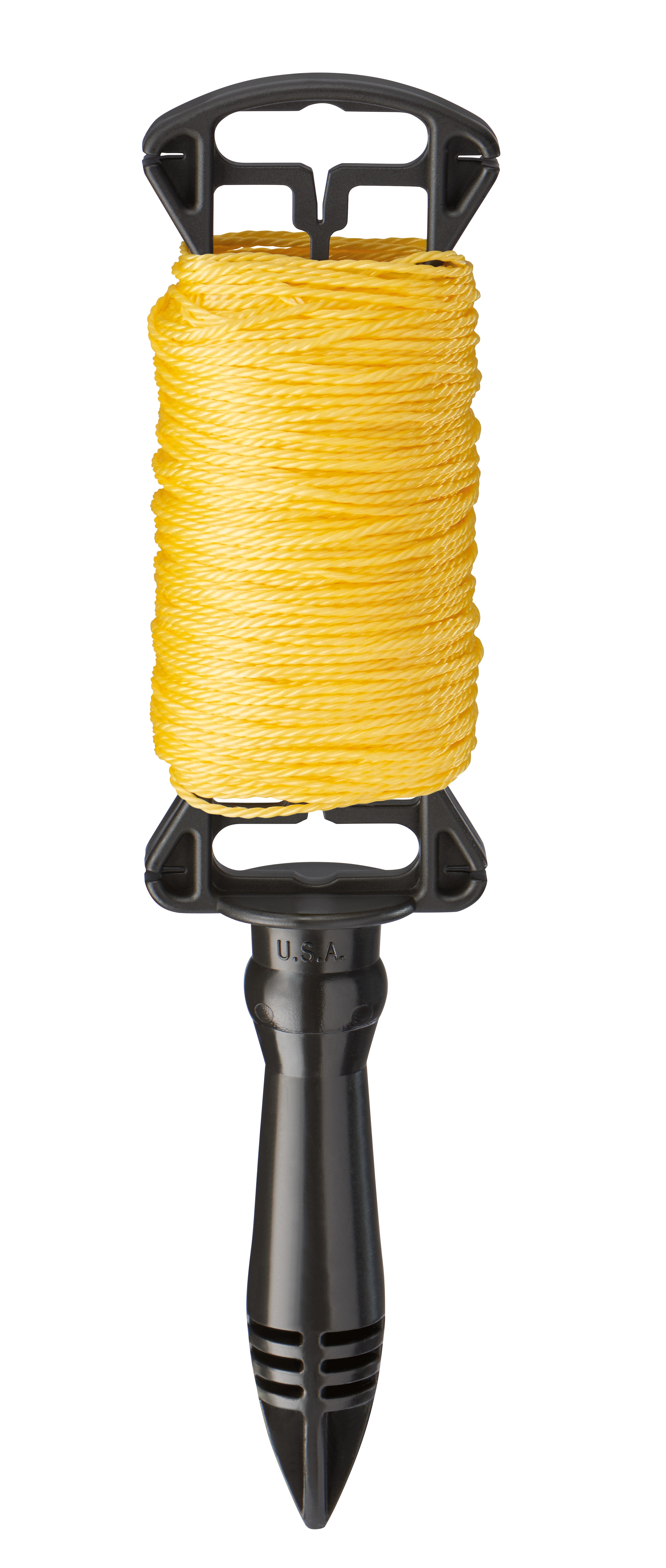 Yellow twisted nylon line wound on black plastic reel with handle and pointed stake base.