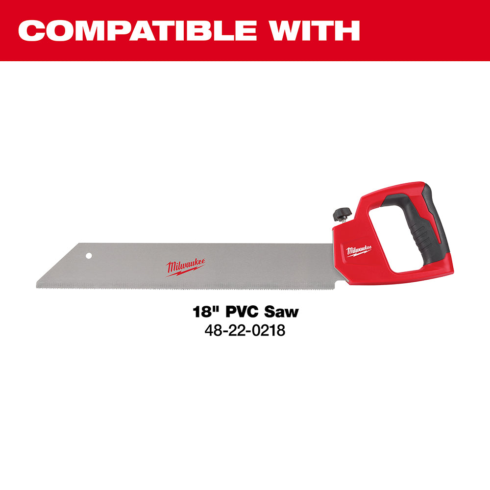 18 inch gray PVC saw blade with serrated edge and mounting hole, compatible with red Milwaukee hand saw handle.
