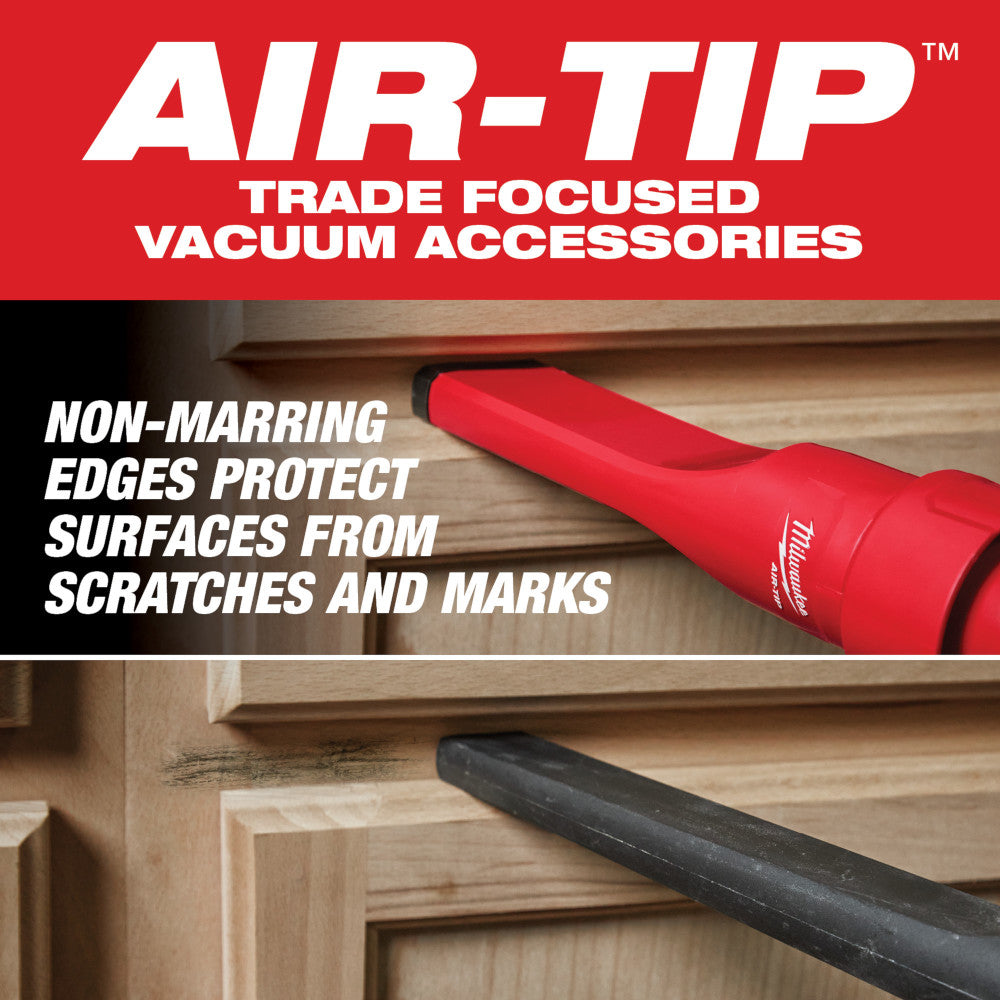 Red and black vacuum nozzle attachments with non-marring edges displayed on wooden cabinet surfaces.