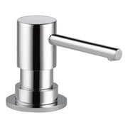 Chrome soap and lotion dispenser with cylindrical pump and round base.