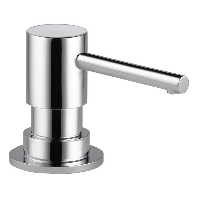 Chrome soap and lotion dispenser with cylindrical pump and round base.