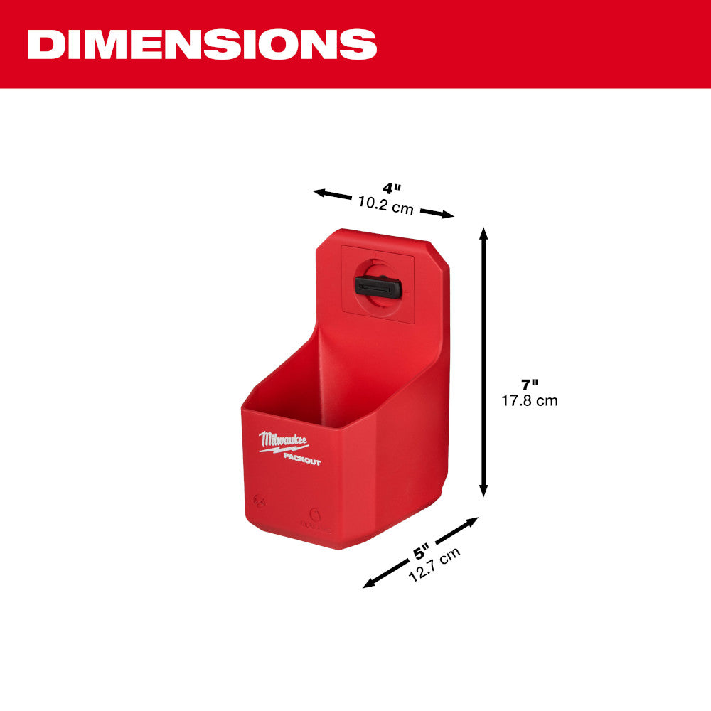 Red Milwaukee PACKOUT organizer cup with dimensions of 4" width, 7" height, and 5" depth, featuring a handle on top.