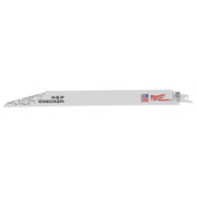 Milwaukee The Wrecker 12-inch reciprocating saw blade with serrated cutting edge and mounting tang.