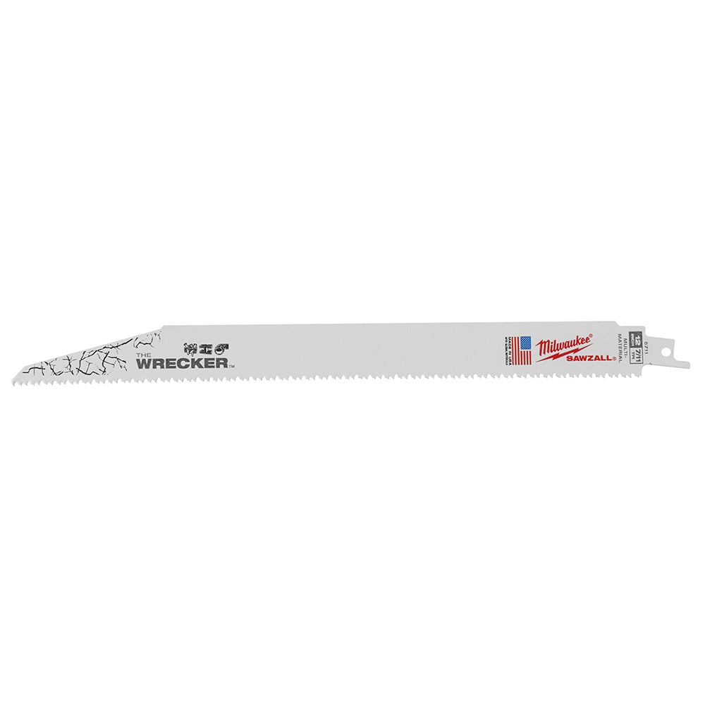 Milwaukee Wrecker 12-inch SAWZALL blade with serrated cutting edge and mounting tang.