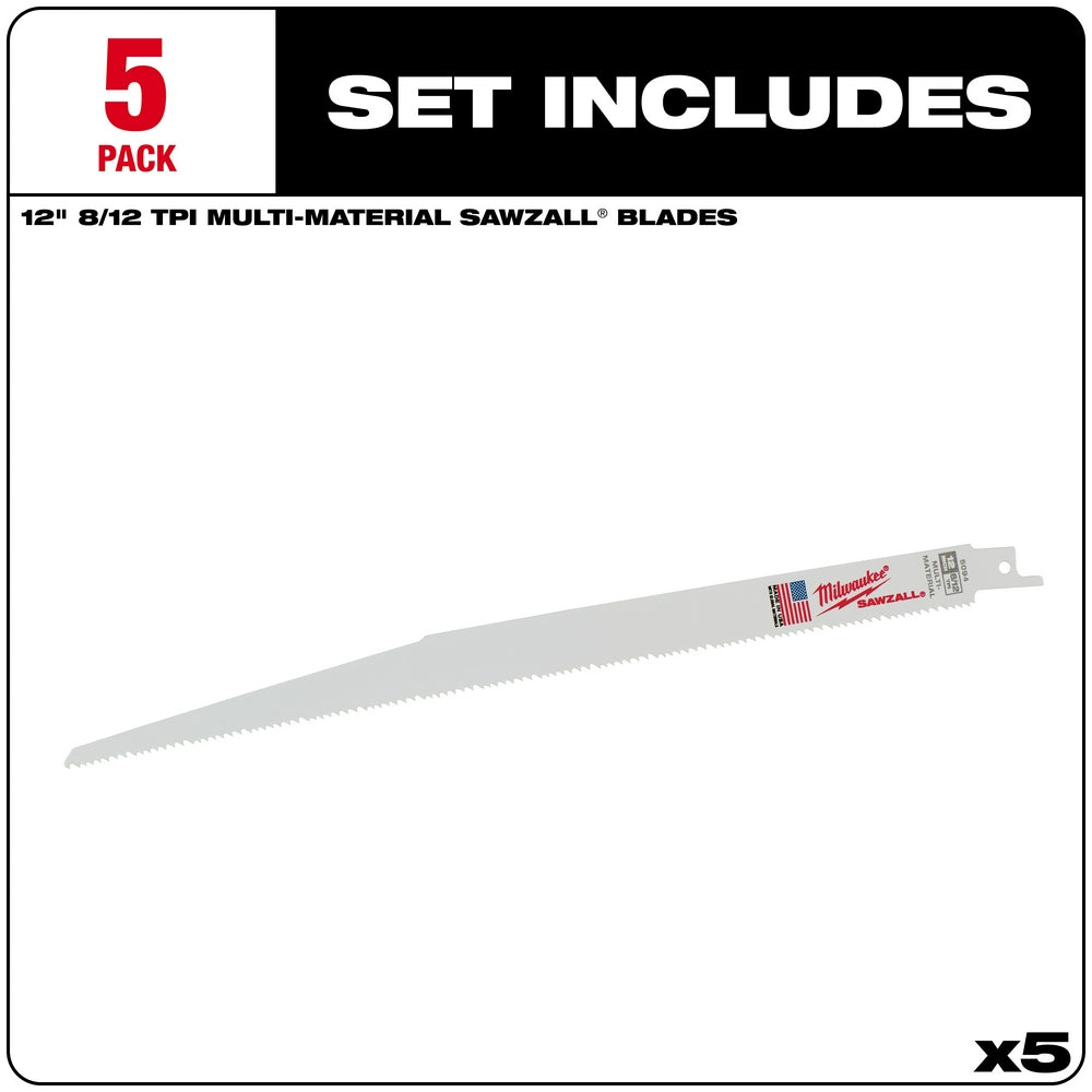 Five Milwaukee 12-inch Sawzall blades with 8/12 TPI teeth for multi-material cutting.