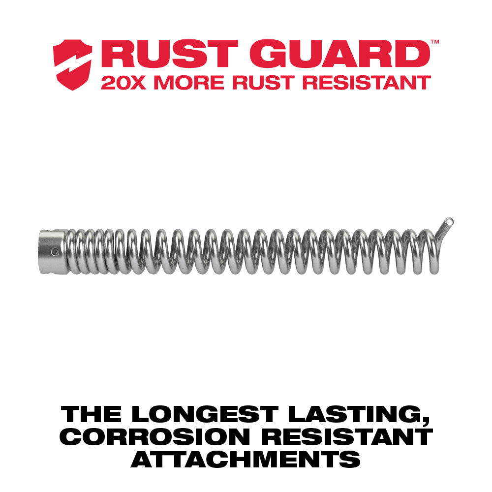 Metal coiled auger cable with connector fitting on left end and curved tip on right end.