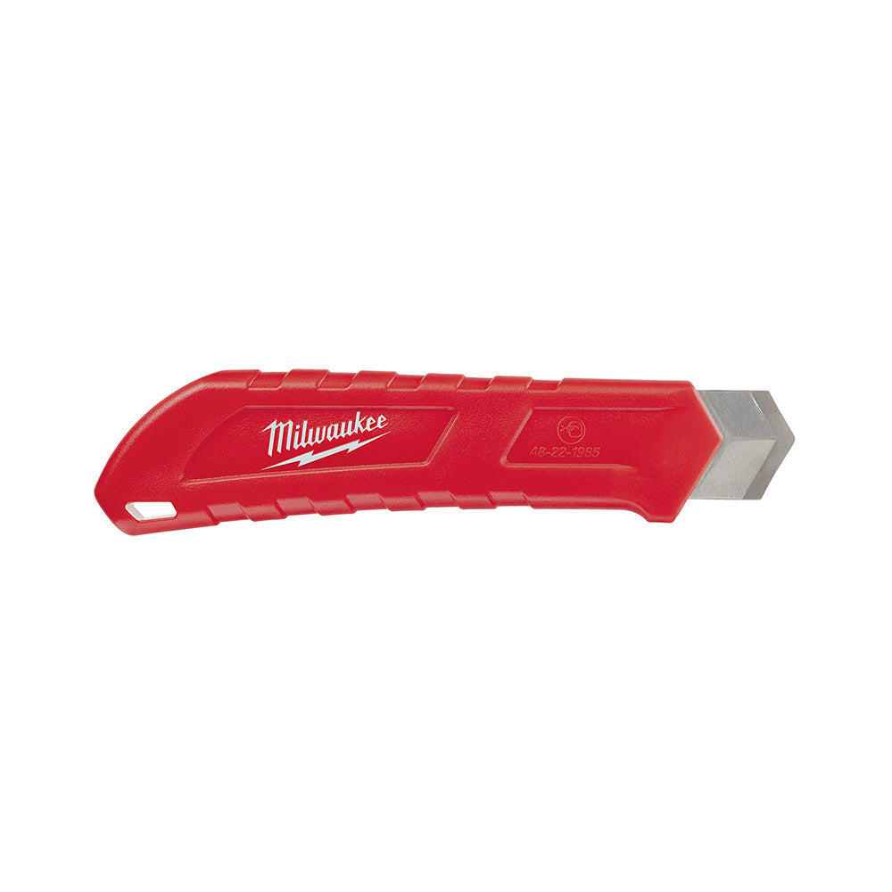 Red Milwaukee snap-off knife with gray metal blade and textured grip handle.