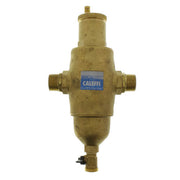 Brass air and dirt separator with 1-inch NPT male connections on sides and drain valve at bottom.