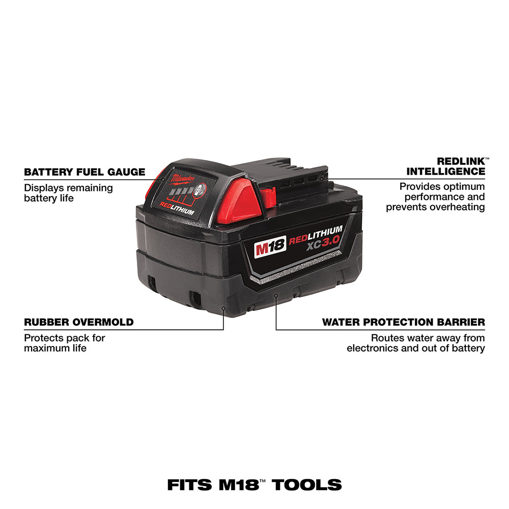 Milwaukee M18 REDLITHIUM HIGH OUTPUT CP3.0 battery pack with fuel gauge display and black rubber overmold.